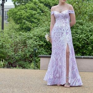 Off-The-Shoulder Patterned A-Line Prom Dress with Slit